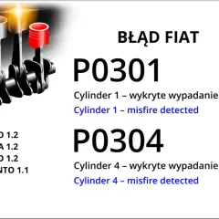 Błąd DTC P0301 Opel: wypadanie zapłonu na cylindrze 1. Ilustracja silnika i kody błędów.