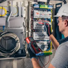 Elektryk w kasku wykonuje przegląd instalacji elektrycznej, używając multimetru do pomiarów.