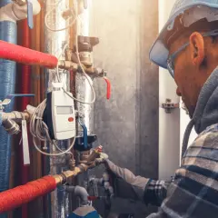 Instalator sprawdza jakie ciśnienie w naczyniu przeponowym, regulując zawory przy izolowanych rurach.