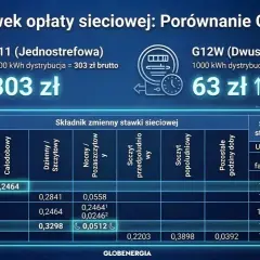 Porównanie taryfy G11 i G12w Tauron. G12w (dwustrefowa) kosztuje 63 zł za 1000 kWh dystrybucji, G11 (jednostrefowa) 303 zł.