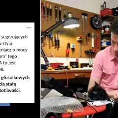 Mężczyzna z kotem przy biurku pełnym narzędzi. Tekst mówi o tym, że moc zestawów głośnikowych nie jest stała dla każdej częstotliwości.