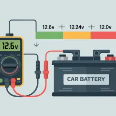 Multimetr pokazuje napięcie akumulatora 12.6V, a pasek stanu wskazuje różne poziomy naładowania.