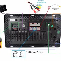 Schemat podłączenia radia Android: złącze kamery cofania, zasilanie, GPS, antena.