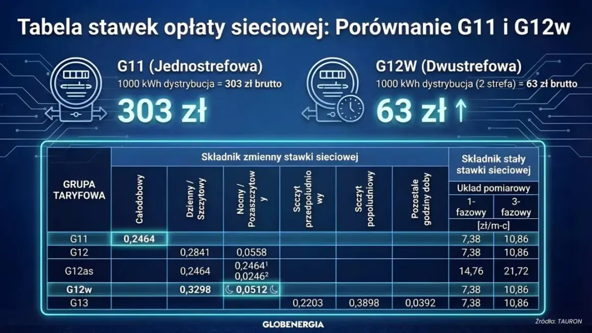 Porównanie taryfy G11 i G12w Tauron. G12w (dwustrefowa) kosztuje 63 zł za 1000 kWh dystrybucji, G11 (jednostrefowa) 303 zł.