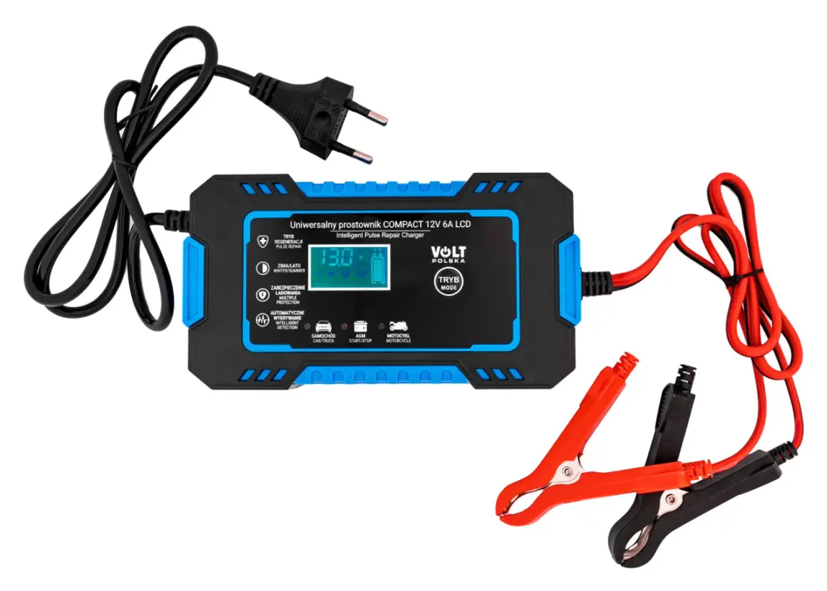 Uniwersalna ładowarka do akumulatora samochodowego Volt Polska Compact 12V 6A LCD z funkcją regeneracji i automatycznym wykrywaniem.