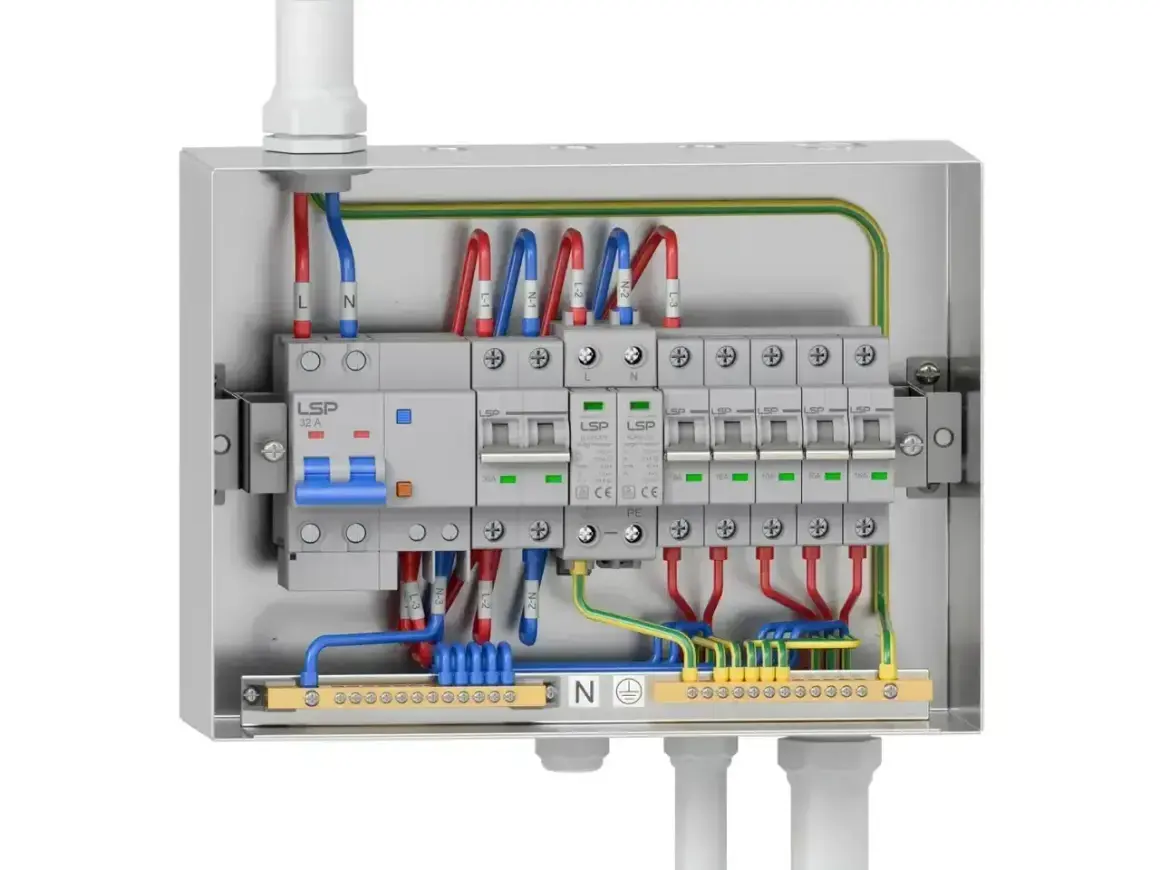 Zabezpieczona instalacja elektryczna w garażu: skrzynka z wyłącznikami, bezpiecznikami i listwami zaciskowymi.
