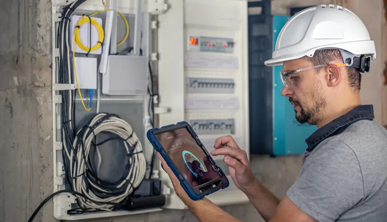 Technik w kasku i okularach ochronnych przeprowadza przegląd instalacji elektrycznej, analizując dane na tablecie.