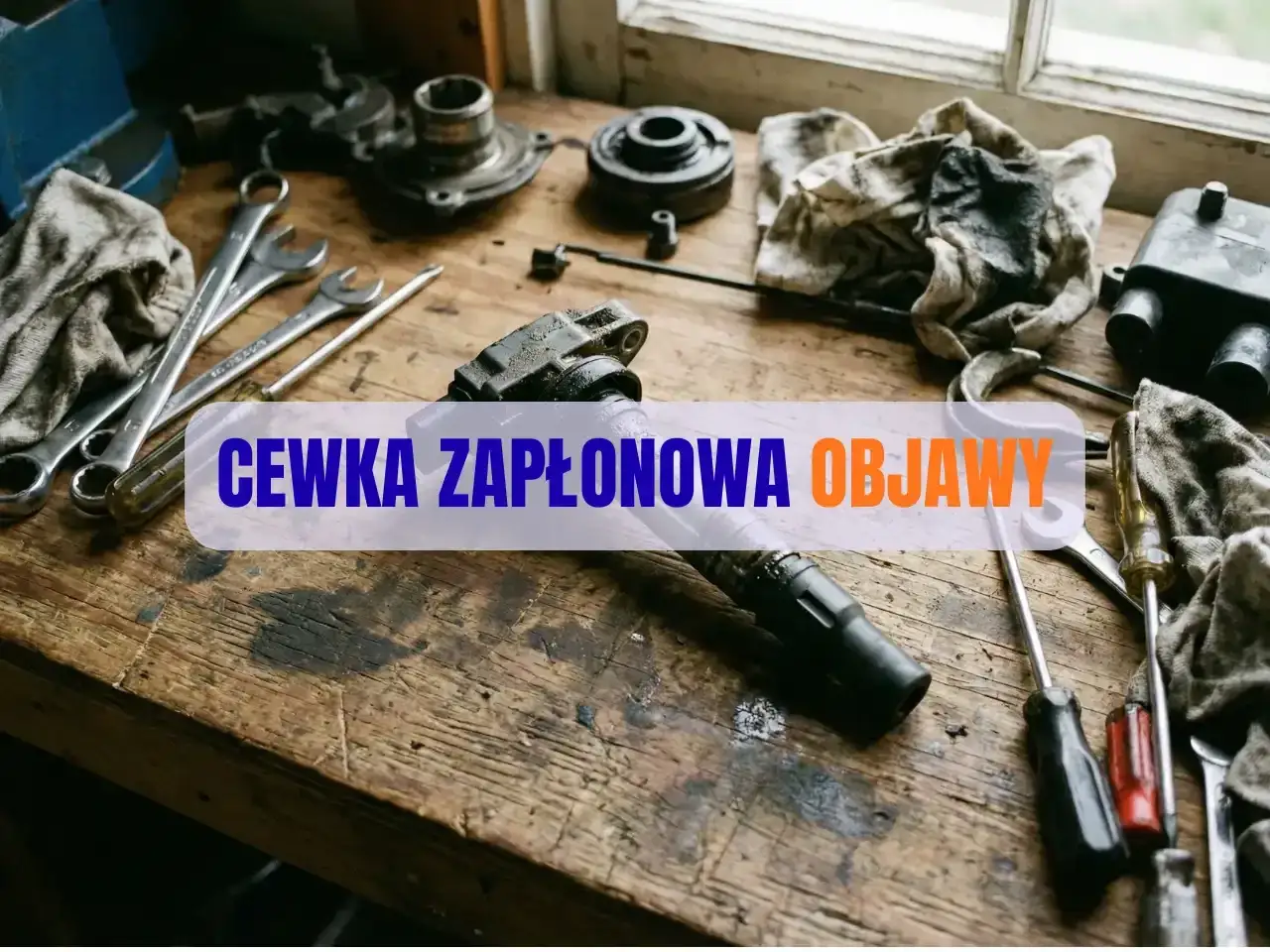 Warsztat samochodowy z narzędziami i częściami. Na blacie leży cewka zapłonowa, a tekst informuje o jej objawach.