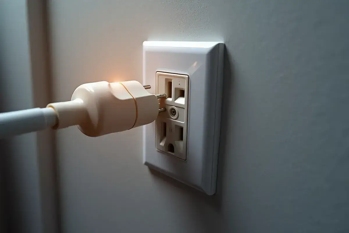 Wtyczka z pomarańczową poświatą zbliża się do gniazdka, sugerując napięcie w gniazdku i przepływ energii.