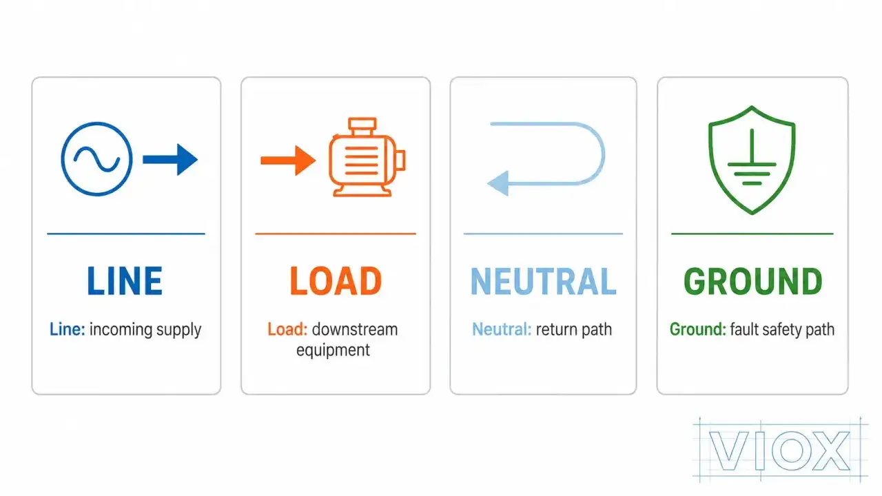 Schemat przedstawia oznaczenie prądu: LINE (zasilanie), LOAD (obciążenie), NEUTRAL (powrót) i GROUND (uziemienie).