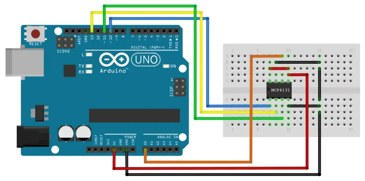 Arduino Uno połączone z płytką prototypową z układem MCP4131. Widać przewody łączące piny cyfrowe i zasilanie.