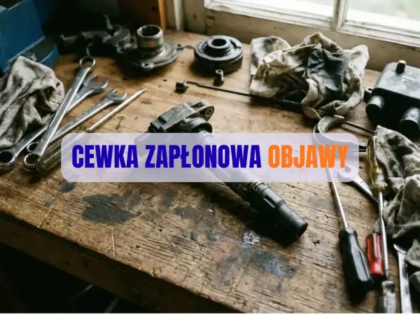 Warsztat samochodowy z narzędziami i częściami. Na stole leży cewka zapłonowa, a tekst informuje o jej objawach.