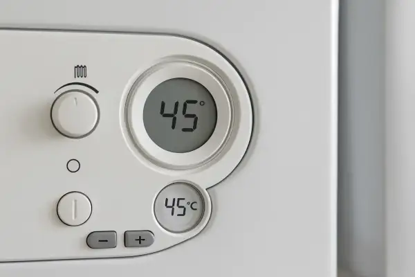 Panel sterowania kotła De Dietrich. Cyfrowy wyświetlacz pokazuje 45°C. Pokrętło i przyciski do regulacji ogrzewania.