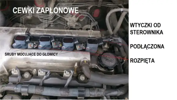 Silnik z widocznymi cewkami zapłonowymi, gotowymi do wymiany. Widać śruby mocujące do głowicy i wtyczki od sterownika.
