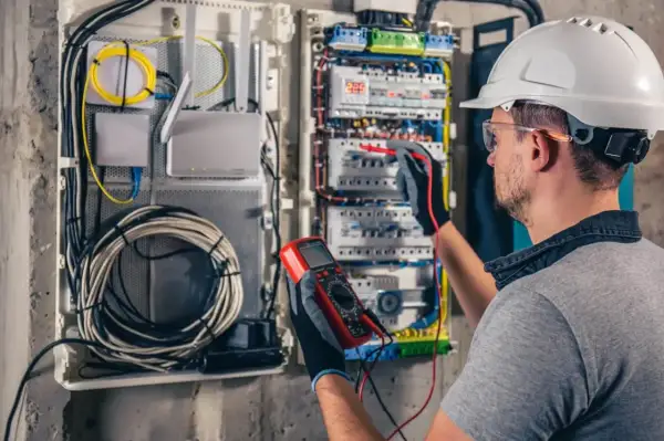 Elektryk w kasku wykonuje przegląd instalacji elektrycznej, używając multimetru do pomiarów.
