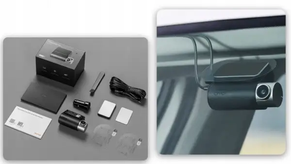 Zestaw 70mai hardwire kit jak podłączyć. Wideorejestrator 70mai A510 zamontowany na szybie, obok akcesoria do montażu.