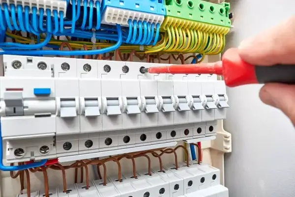 Instalacja uzbrojenia rozdzielni elektrycznej. Ręka z czerwonym śrubokrętem dokręca śrubę. Sprawdź uzbrojenie rozdzielni elektrycznej cena.