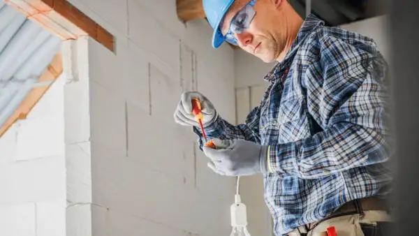 Elektryk w kasku i okularach montuje oprawkę żarówki, tworząc punkt elektryczny.