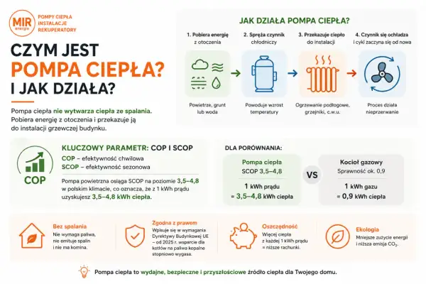 Pompa ciepła pobiera energię z otoczenia, spręża czynnik, przekazuje ciepło do ogrzewania, a następnie cykl się powtarza. Jest to ekologiczne i oszczędne rozwiązanie.