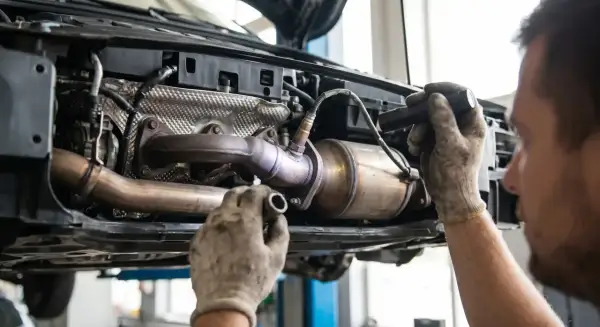 Mechanik wymienia katalizator w Oplu p0420. Widoczny układ wydechowy i ręce w rękawicach.