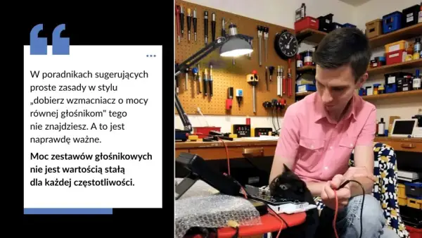Mężczyzna z kotem przy biurku pełnym narzędzi. Tekst mówi o tym, że moc zestawów głośnikowych nie jest stała dla każdej częstotliwości.