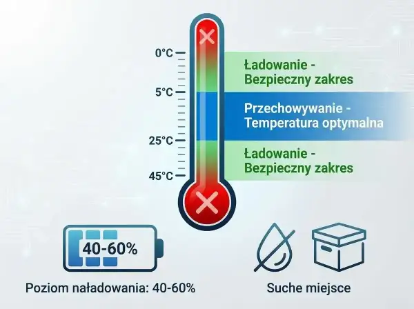Termometr pokazuje optymalne warunki dla żywotności akumulatora: ładowanie w bezpiecznym zakresie temperatur, przechowywanie w optymalnej temperaturze, poziom naładowania 40-60% i suche miejsce.