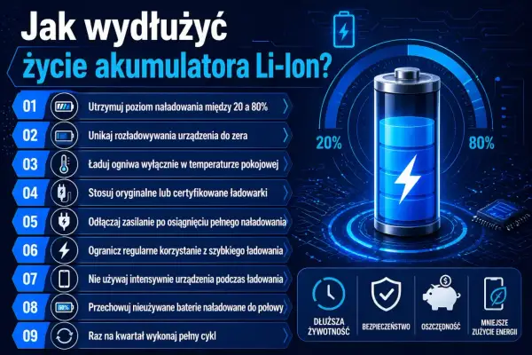 Porady dotyczące ładowania akumulatora Li-Ion: utrzymuj poziom 20-80%, unikaj rozładowania do zera, ładuj w temperaturze pokojowej.