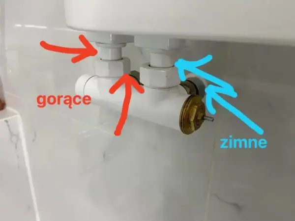 Grzejnik grzeje, mimo że termostat ustawiony na 0. Strzałki wskazują gorące i zimne zasilanie.