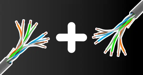 Dwa rozplecione kable sieciowe połączone białym znakiem plus. Dowiedz się, jak połączyć kable bez lutowania.