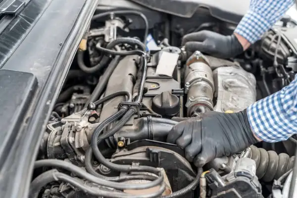 Mechanik w rękawiczkach naprawia silnik Volkswagena, być może rozwiązując problem z dtc p0141.
