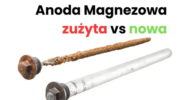 Zużyta, zardzewiała anoda magnezowa obok nowej. Wymiana anody magnezowej jest kluczowa dla ochrony bojlera.