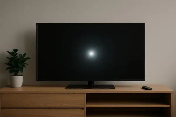 Czarny ekran telewizora na drewnianej szafce, obok stoi roślina. Czyżby telewizor sam się włącza?